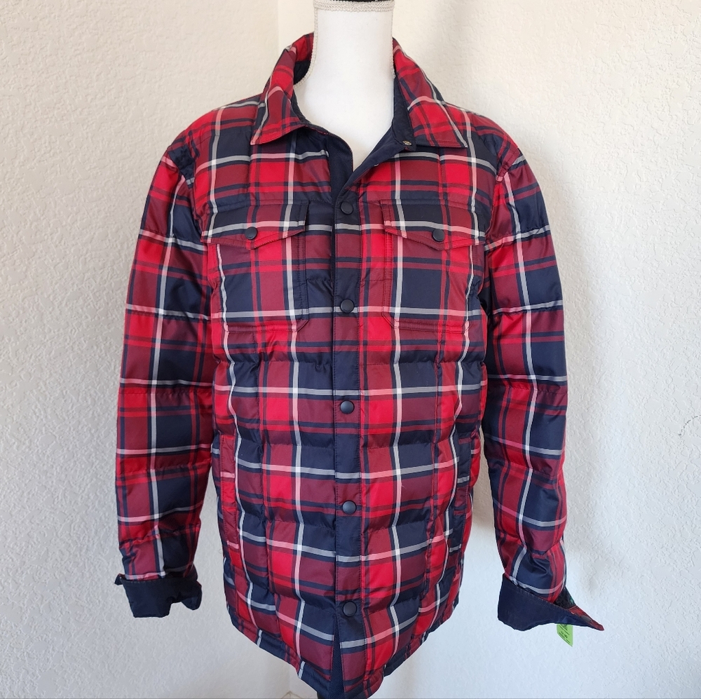 Express Red and Blue Plaid Puffer Jacket Mens Size Medium